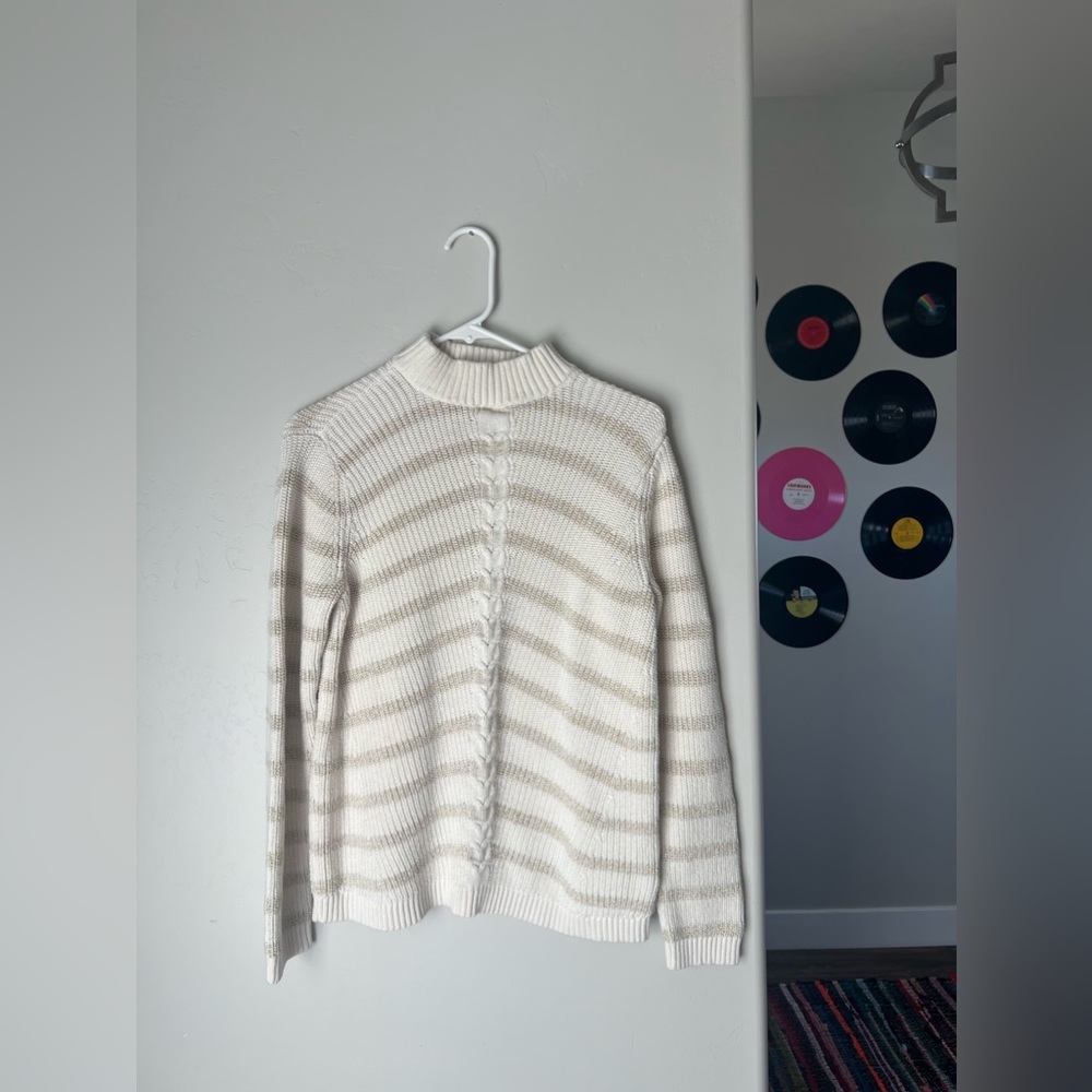 Talbots Cream and Gold Shimmer Striped Mock Neck Cable Knit Sweater